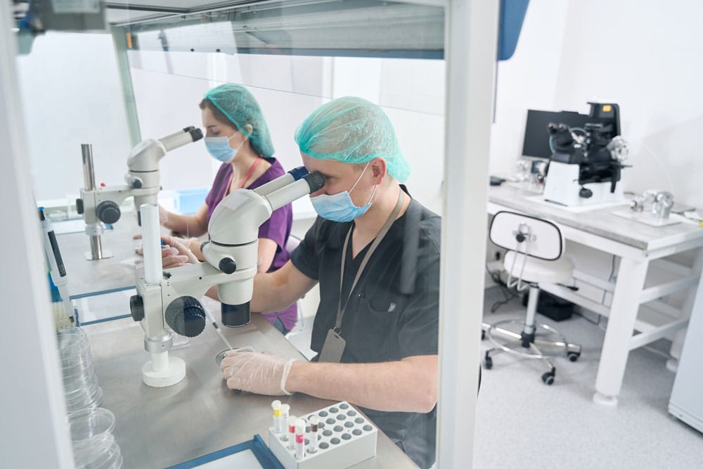 Embriyoloji laboratuvarında mikroskop kullanan uzman ekip